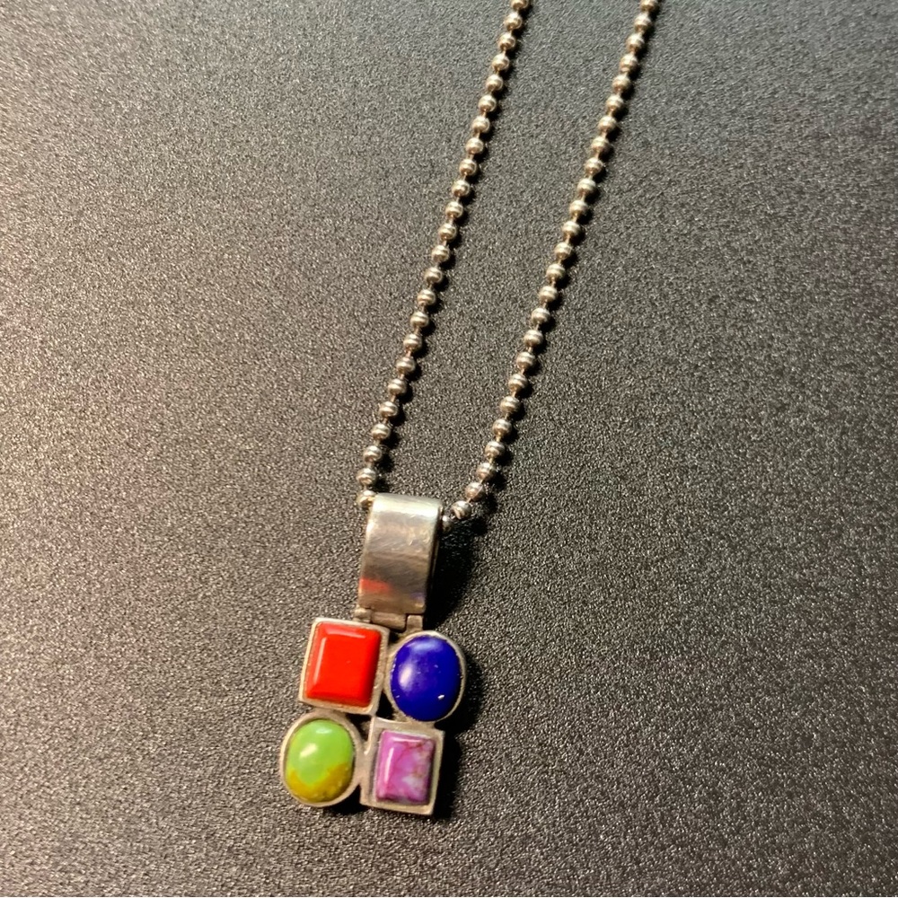 Multigemstone Square Gemstone Pendant Necklace 16” sterling silver 925